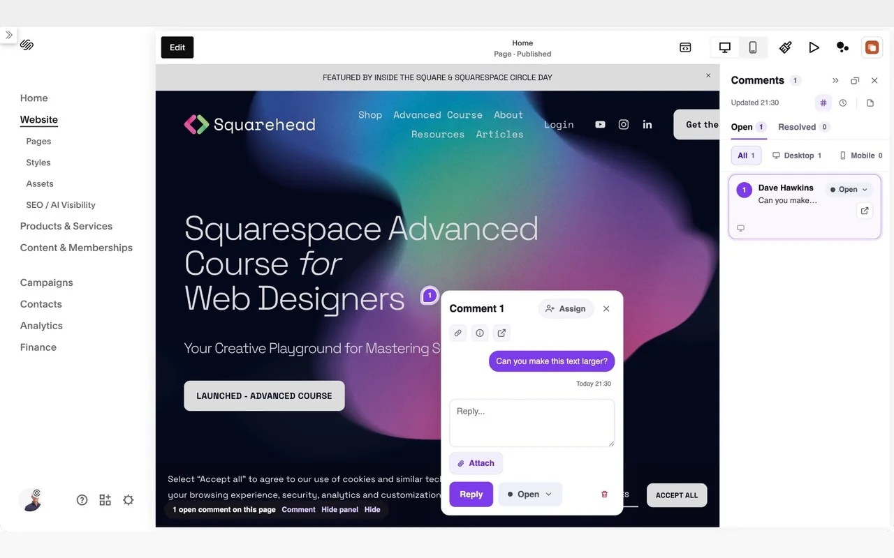 The Squarespace editor with a numbered SiteViewer pin on the page, its comment open beside it with Reply and Assign, and the list of comments docked on the right.